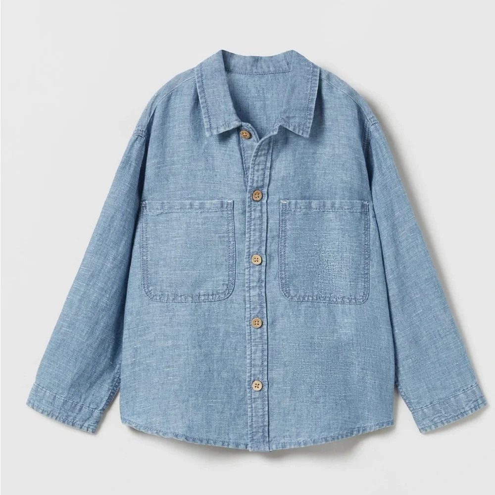 Zara kids, blue, linen blend denim shirt, 4-5 years